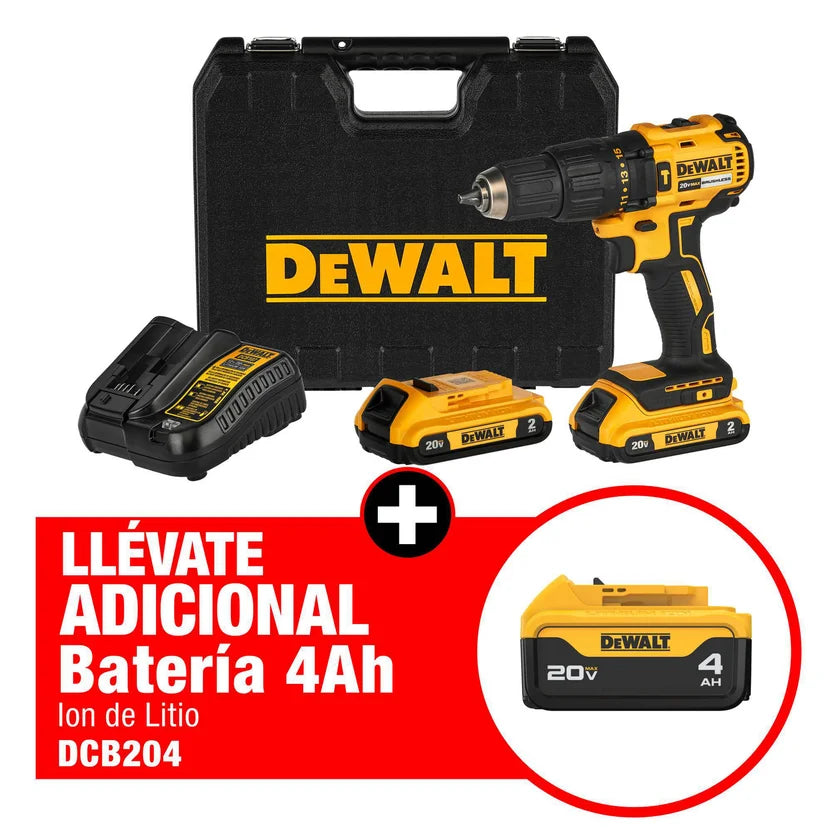 Kit 20V Taladro Perc Brushless 1/2" + 2 Bat 2Ah + Cargador + Maleta plástica+ Adicional 1 Bat 4 Ah Dewalt