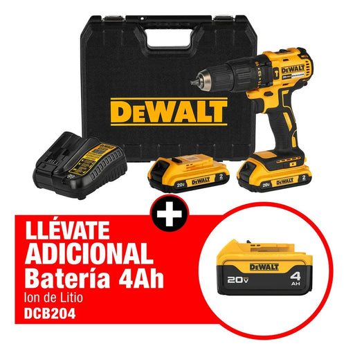 Kit 20V Taladro Perc Brushless 1/2" + 2 Bat 2Ah + Cargador + Maleta plástica+ Adicional 1 Bat 4 Ah Dewalt