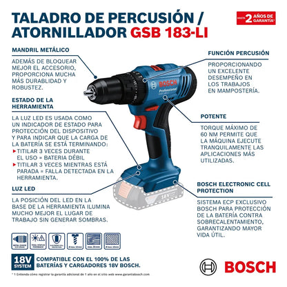 Taladro Percutor ½ Pulgada 18v Gsb 183 + 1 Bateria Bosch